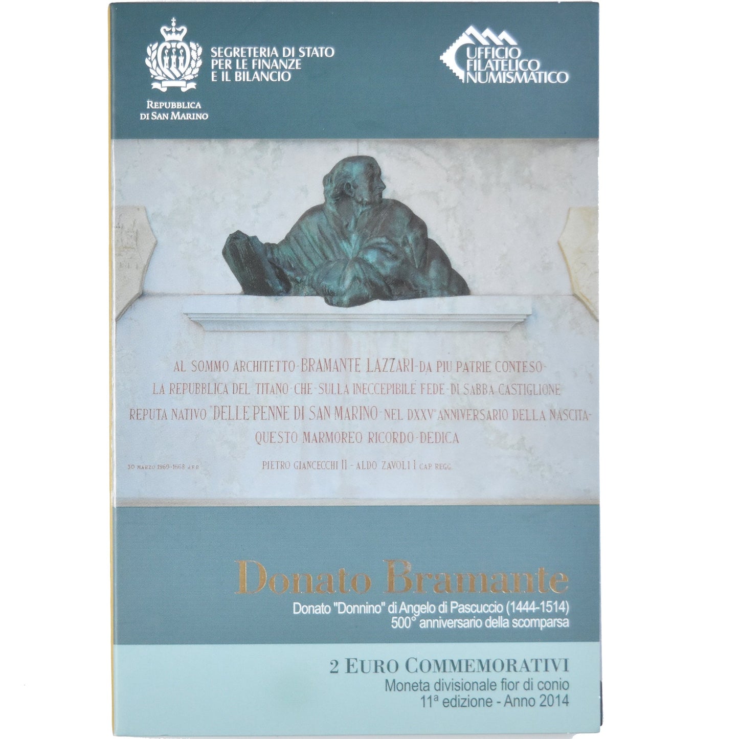 San Marino,
2 eura,
500 let výročí smrti Bramante