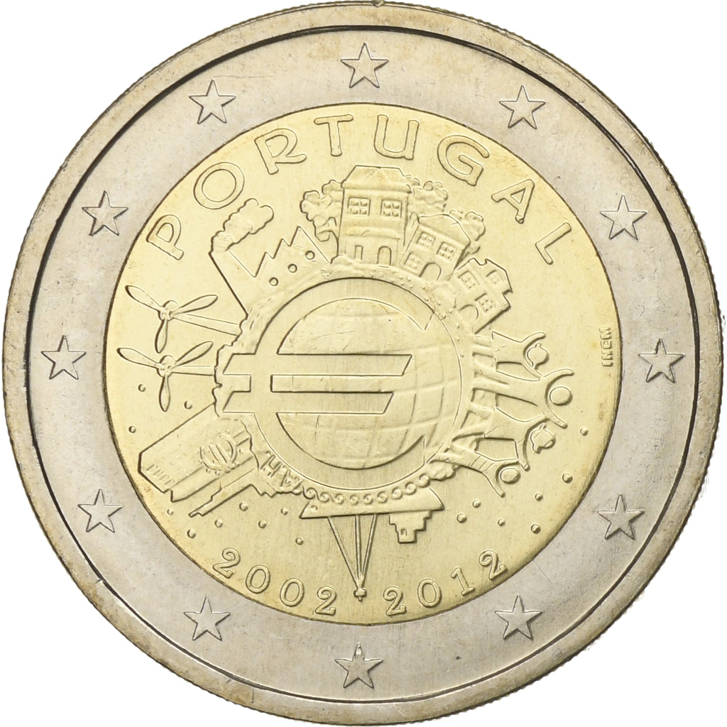 Portugalsko,
2 eura,
10 ans de l'Euro