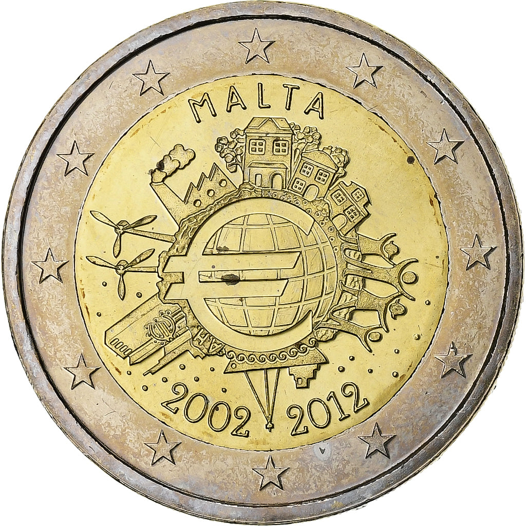 Malta,
2 eura,
10 Jahre Euro