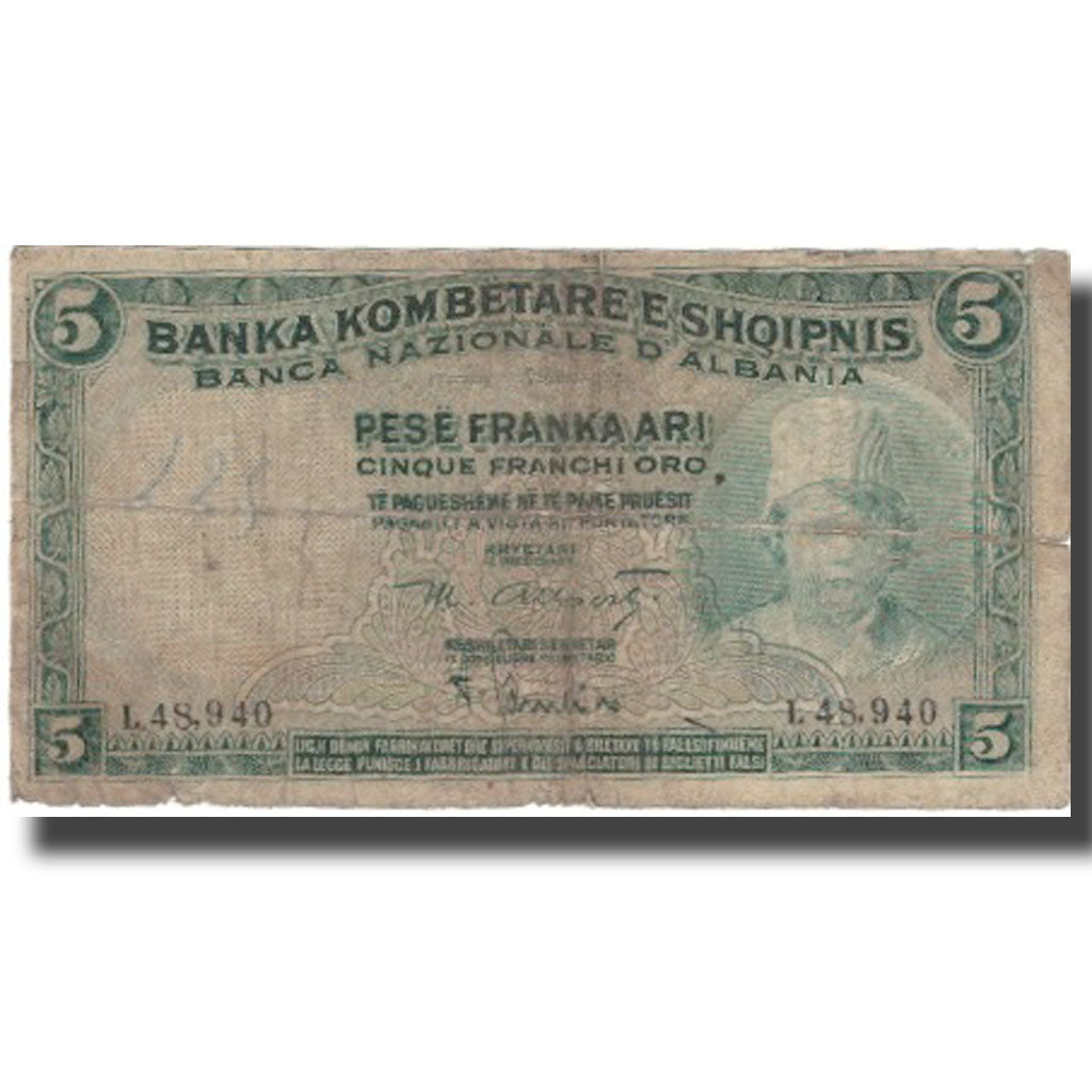 Bankovka,
Albánie,
5 Franka Ari