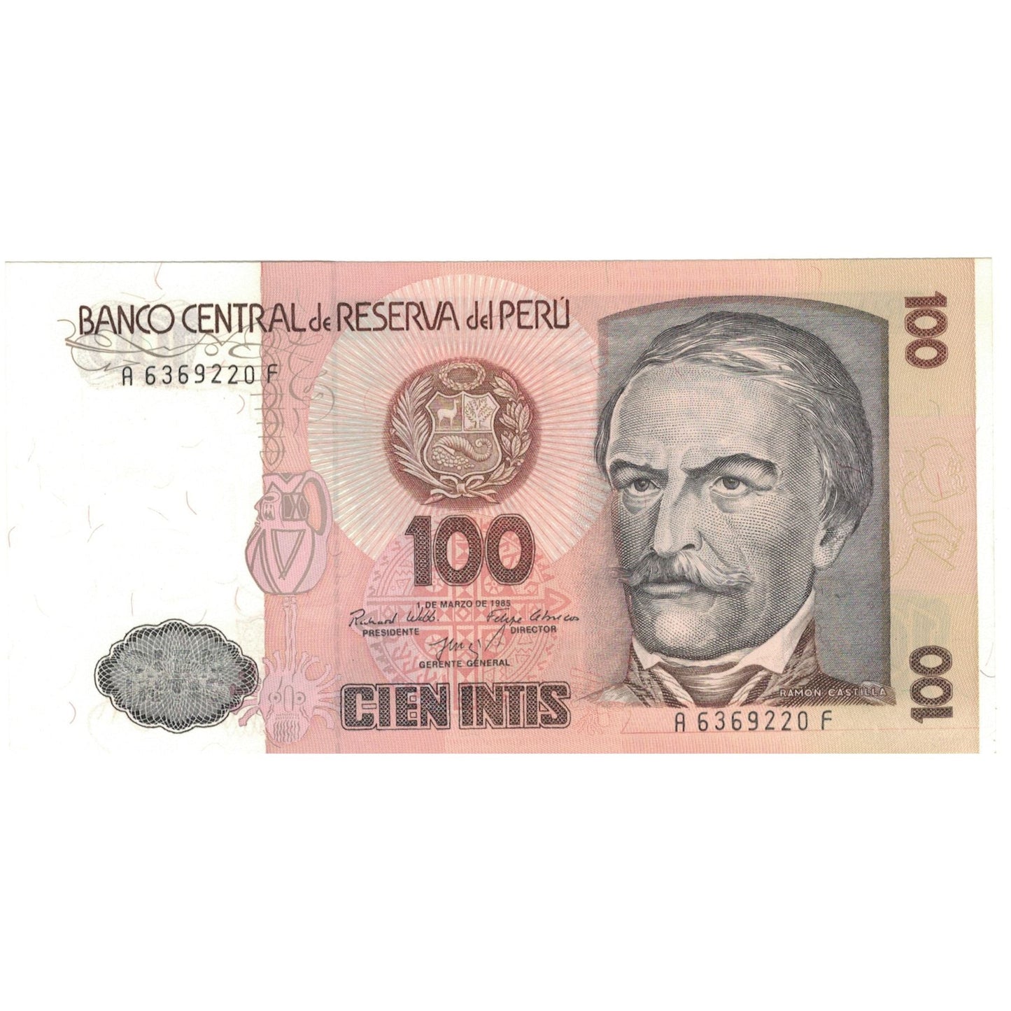 Bankovka,
Peru,
100 Intis