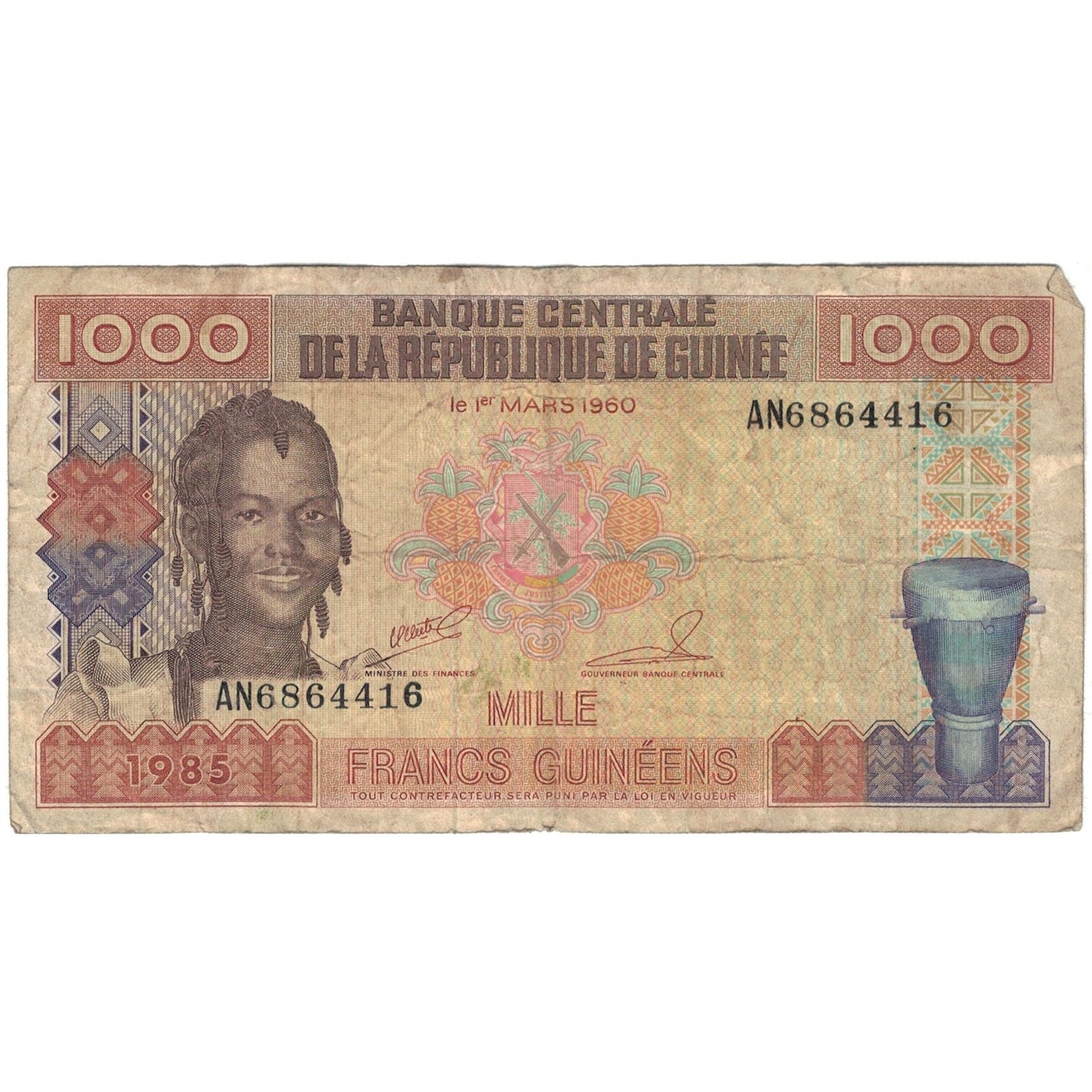 Bankovka,
Guinea,
1000 franků