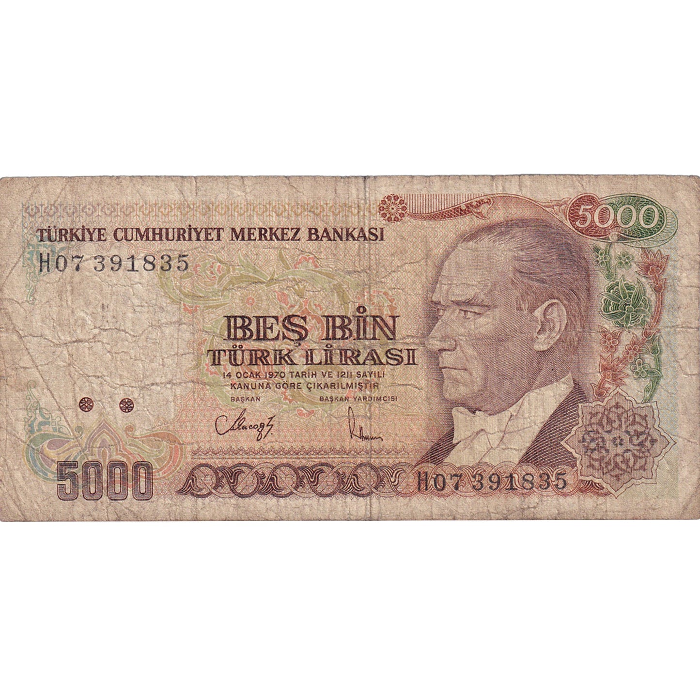 Bankovka,
Turecko,
5000 lir